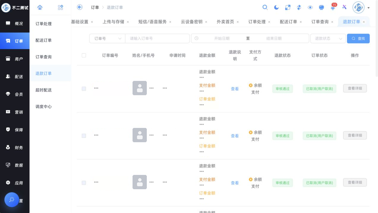 退款订单列表（订单号、用户信息、时间、金额和头像已脱敏）